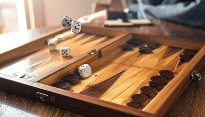 Wooden backgammon game with dice in the air