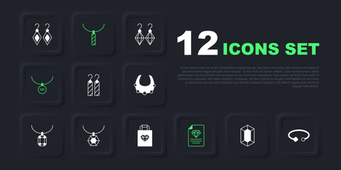 Set Gem stone, Bracelet jewelry, Earrings, Certificate of the diamond, Locket necklace, Pendant, and Shopping bag icon. Vector