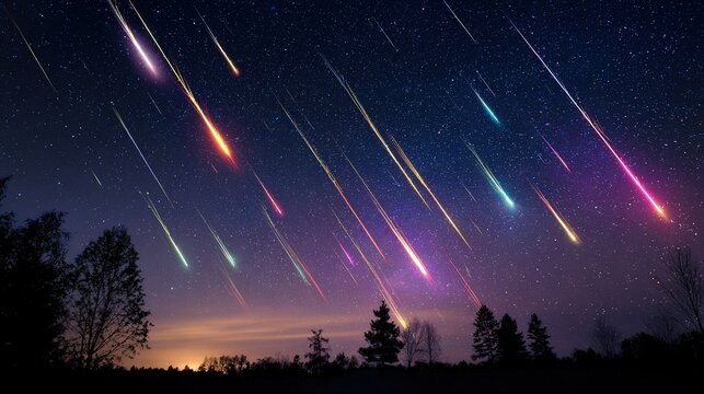 comet. Double-exposure night sky with intersecting vibrant meteor trails, representing celestial events. STEM education sheets.