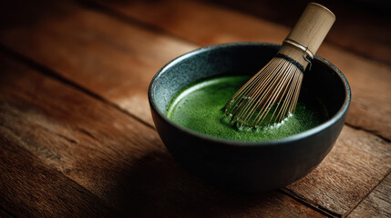 Serene matcha concept showcases traditional bowl filled with vibrant green tea, complemented by bamboo whisk resting gently inside