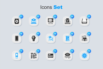 Set Computer vision, Smart glasses spectacles, USB flash drive, Cryptocurrency coin Bitcoin, Cyber security, Energy drink and Eye scan icon. Vector