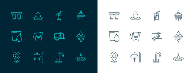 Set line Shower, Mobile water tank, Water tap, jug with filter, Glass, cartridge and drop icon. Vector