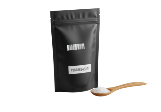 Sleek matte black minimalist pouch, barcode '73878246377', elegant wooden spoon with coarse sea salt on clean transparent, sharp focus, concept of gourmet purity
