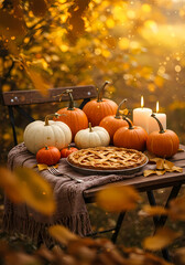 Autumn setting with pumpkins, pie, and candles on a wooden table