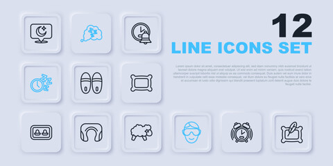 Set line Alarm clock, Pillow, Slippers, Eye sleep mask, Travel neck pillow, Sleepy and Sheep icon. Vector
