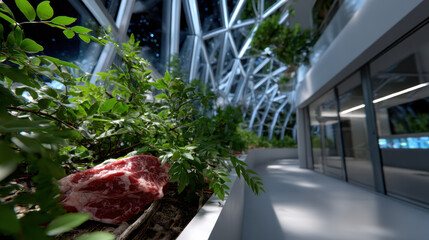 A tissue sample is artfully placed within a biophilic design setting, merging nature with advanced biotechnological concepts and emphasizing sustainable research practices.