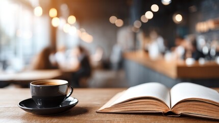 Focus on an open book with a coffee cup next to it in a medium shot café ambiance with blurred people enjoying their drinks and reading around.