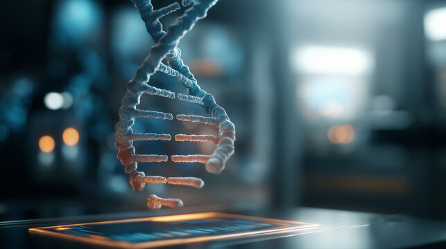 A photorealistic DNA double helix floats in a high tech medical lab with a holographic interface hyper realistic genetic visuals with clear details moody shadows on lab surfaces - Powered by Adobe