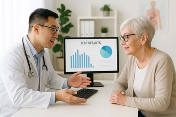 Doctor explaining test results to senior woman in a medical office with charts on screen.