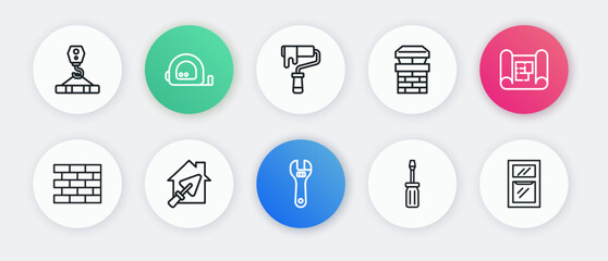 Set line Adjustable wrench, House plan, Bricks, Screwdriver, Chimney, Paint roller brush, Window room and with trowel icon. Vector