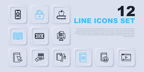 Set line Audio book, Online play video, education, Open, Book donation, Student working laptop and Electronic with mouse icon. Vector