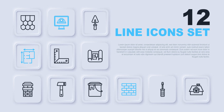 Set line Screwdriver, House, Corner ruler, Bricks, plan, Hammer, Worker safety helmet and Paint bucket icon. Vector