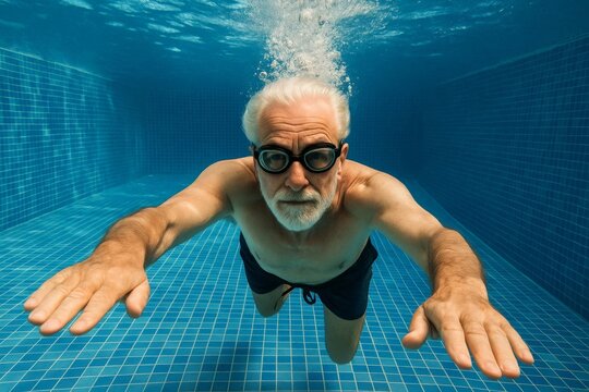Senior man swimming underwater in pool wearing goggles, performing front stroke. - Powered by Adobe