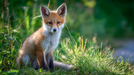 Fototapeta premium Cute young fox sitting in green grass under soft sunlight on a warm spring day