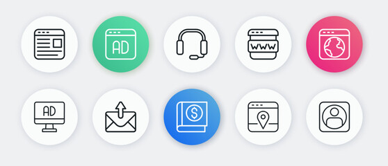 Set line Financial book, Worldwide, Advertising, Infographic of city map, Browser window, Headphones, Create account screen and Mail and e-mail icon. Vector