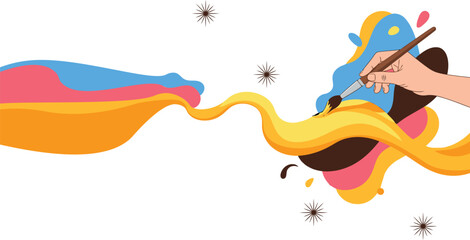 Artist skillfully applies vivid colors with a paintbrush creating abstract designs and bold art expression