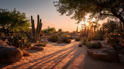 Obraz premium Desert botanical garden arizona landscape with cacti and succulents at sunset golden hour scenic view