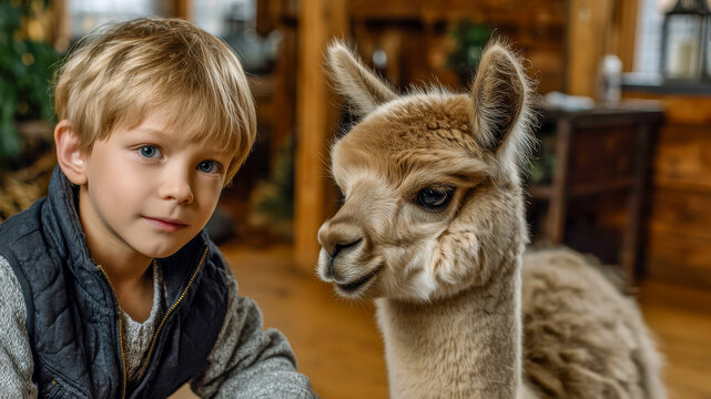 Joyful moments between a young boy and a friendly llama at a cozy farm setting during a sunny afternoon - Powered by Adobe