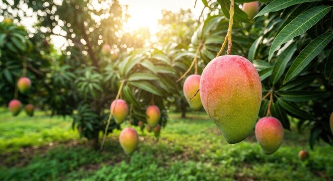 Ripe mangoes hang from lush green trees in a vibrant orchard. Sunlight filters through the leaves - Powered by Adobe