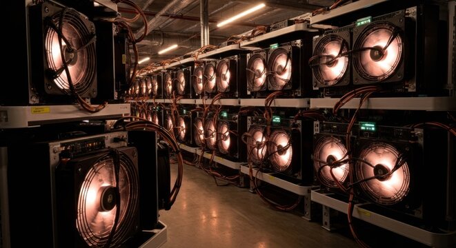 Rows of computer servers, cooling fans glowing warmly