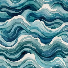 Obraz premium Repeating wallpaper pattern of abstract watercolor waves in blue and turquoise, soft brush strokes, artistic and modern seamless design,Generative Ai 