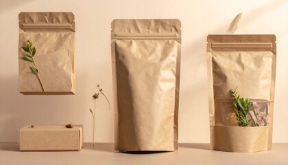 friendly product packaging mockups, recycled materials texture, 