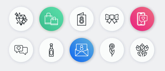Set line Envelope with 8 March, Mobile heart, Heart in speech bubble, Flower, Gift bow, Greeting card, tulip and Champagne bottle icon. Vector