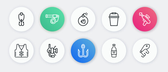 Set line Fishing hook, harpoon, jacket, Bottle of vodka, bucket, Bomb, lure and Spinning reel for fishing icon. Vector