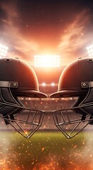 Dramatic cricket helmets facing each other under stadium lights create a powerful image for sports marketing or event promotion, conveying intensity