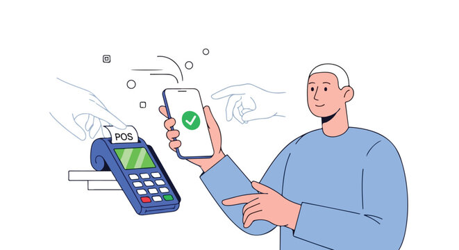 Illustration of a person making a contactless payment with their smartphone at a point of sale terminal, showcasing digital financial transactions