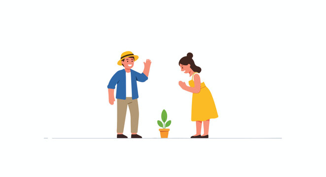 Cheerful gardener and appreciative woman celebrating the growth of a young plant together a symbol of care and shared joy in nurturing life