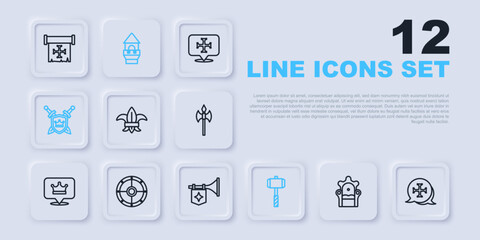 Set line Medieval throne, Crusade, Fleur lys or lily flower, Battle hammer, Shield with swords, Round shield, Castle tower and Trumpet flag icon. Vector