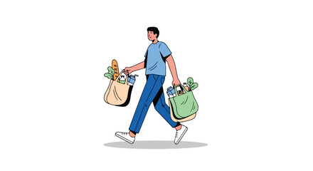 Man carrying grocery bags after shopping in a simple line illustration, consumerism and purchasing power represented in minimalist design of a store