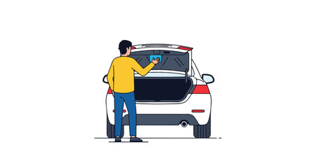 Man meticulously cleans the interior of his white sedan's trunk, showcasing automotive care and attention to detail using a blue cloth for a