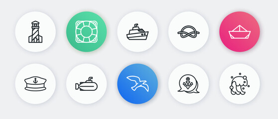 Set line Bird seagull, Folded paper boat, Captain hat, Anchor, Nautical rope knots, Speedboat, Tsunami and Submarine icon. Vector