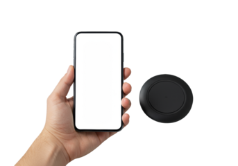 Sleek black smartphone, blank white display, held vertically by clean male hand, next to minimalist charging pad on transparent background, high-tech product presentation concept