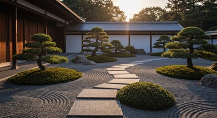 Obraz premium Serene Zen garden with pathways, small trees, and a gravel surface. Sunlight streams through the trees