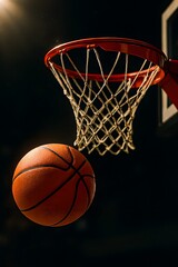 Fototapeta premium Professional basketball action scene with glowing ball and net swaying under moody dramatic lighting