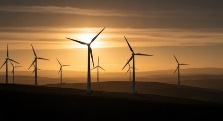 Silhouetted wind turbines at sunset over a landscape