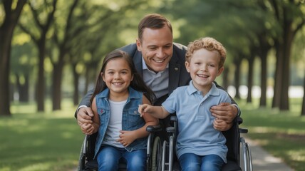 Fototapeta premium Smiling adult man with two happy children in wheelchairs outdoors