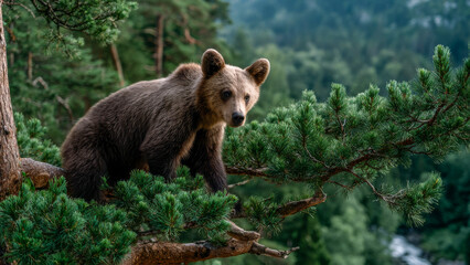 Obraz premium Curious bear explores a lush forest canopy during a sunny afternoon in the wild