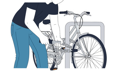 Illustrated depiction of an individual securing a bicycle with a chain to a rack for safety and theft prevention