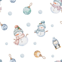Seamless watercolor pattern with cute snowmen in hats and scarves, little penguin, snowballs and Christmas toys. Pastel shades, white background, festive children illustration.