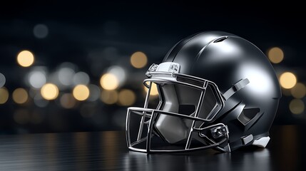 Naklejka premium Football Helmet Silver Black Reflective Surface in Stadium with Bokeh Lights
