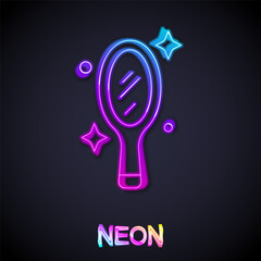 Glowing neon line Magic hand mirror icon isolated on black background. Vector