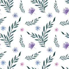 Seamless watercolor floral pattern with green leaves and delicate flowers in purple, blue, and pink shades on white background. Elegant botanical design for textiles and decor.