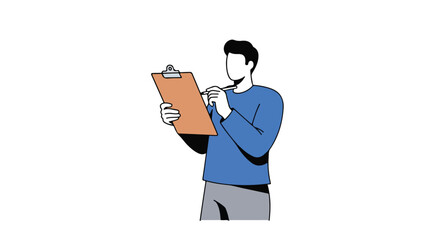 Obraz premium Person holding clipboard, writing something down, drawing, or making notes, isolated on a white background creating an artistic flat illustration