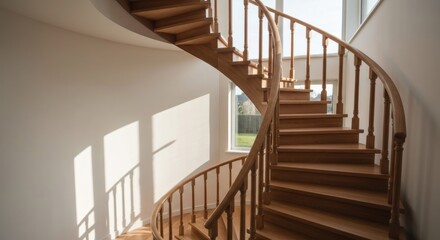 Obraz premium Spiral wooden staircase in a bright, modern home. Sunlight casts shadows on the walls