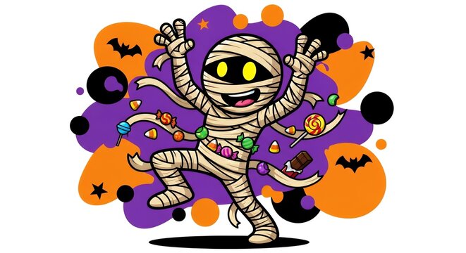 Smiling mummy character dancing with Halloween candy spilling from wraps, cartoon festive Halloween
