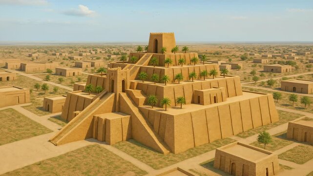 Aerial view of Ziggurat of Ur - a temple complex in ancient  Mesopotamia. AI Generative vizualization
